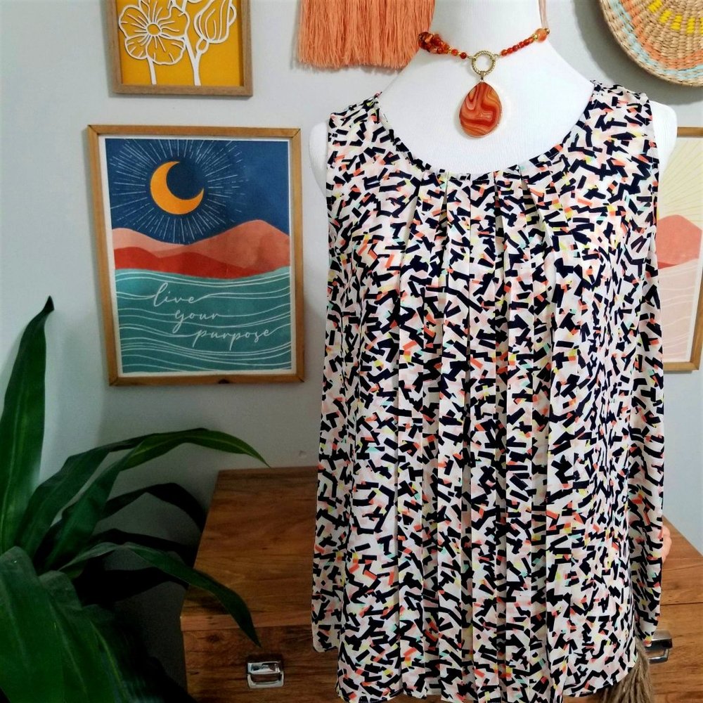Top, Blouse. Navy Blue, Coral, Multi, Geometric Print. Size Med.